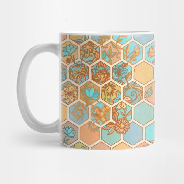 Golden Honeycomb Tangle - hexagon doodle in peach, blue, mint & cream by micklyn